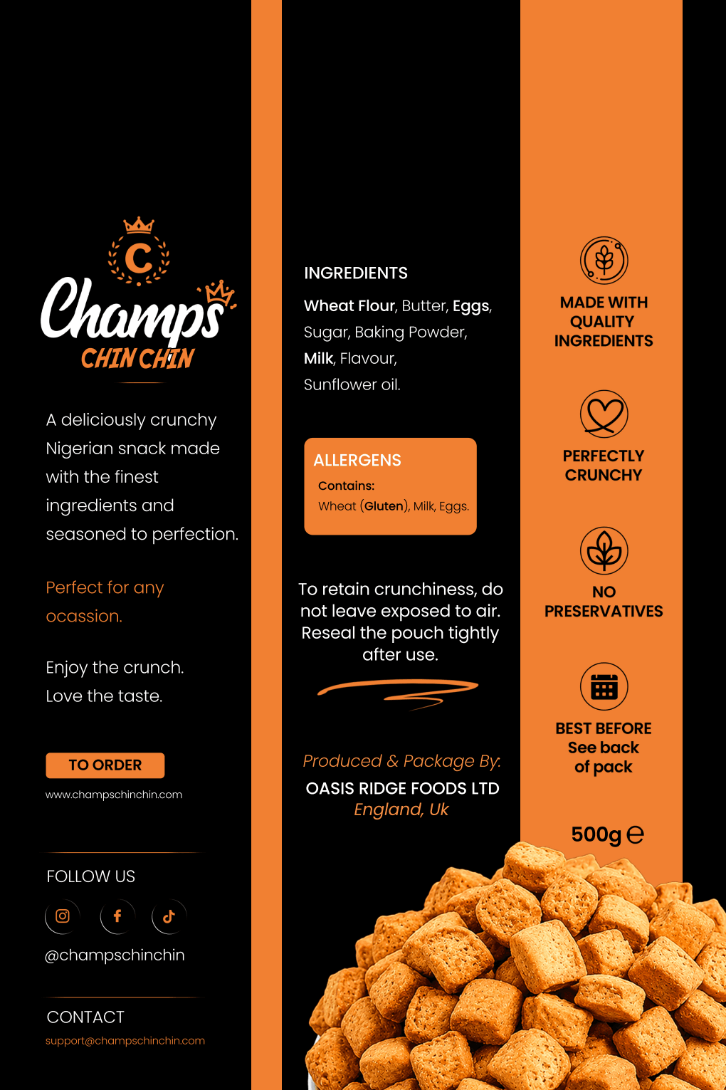 The back of a 500g pack of Champs Chin Chin, showing the ingredients and allergen information