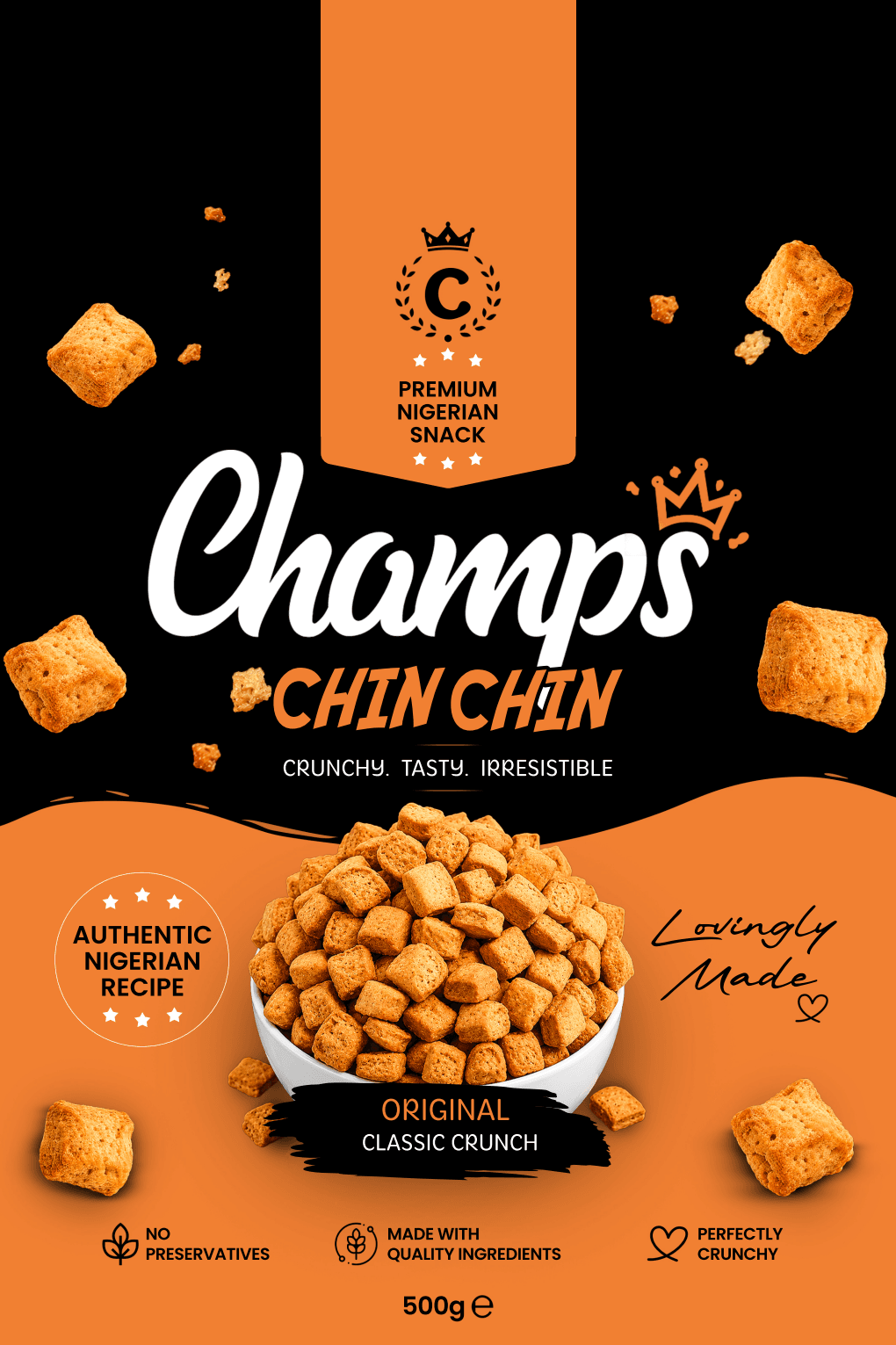 A 500g pack of Champs Chin Chin